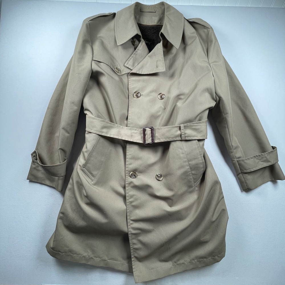 VTG Botany Weathertopper Tan Trench Coat Men 42 Reg Faux Fur‎ Liner Belted USA